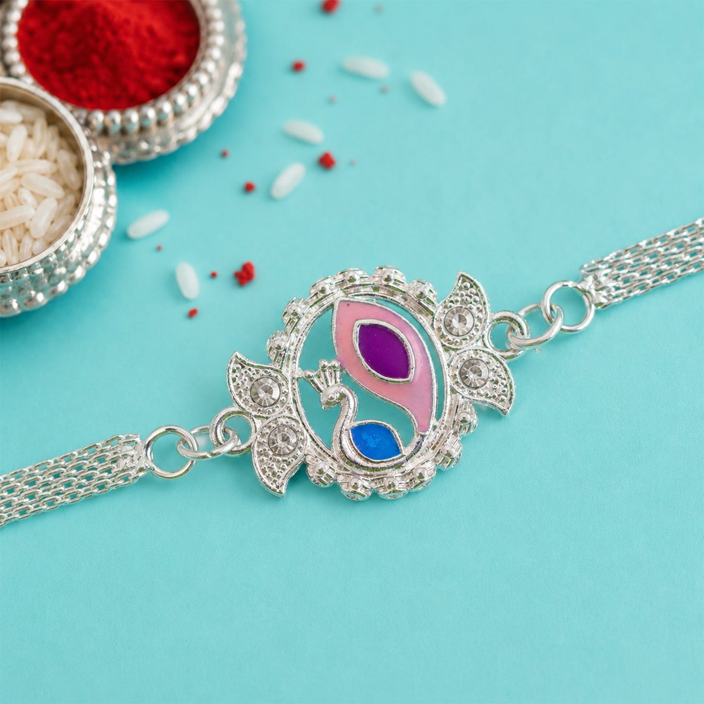Peacock Motif Stone Studded Chain Rakhi for Brother