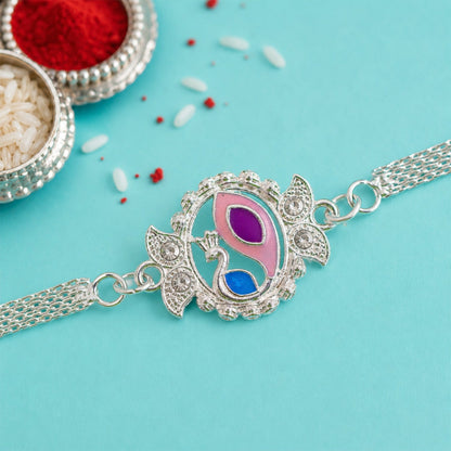 Peacock Motif Stone Studded Chain Rakhi for Brother