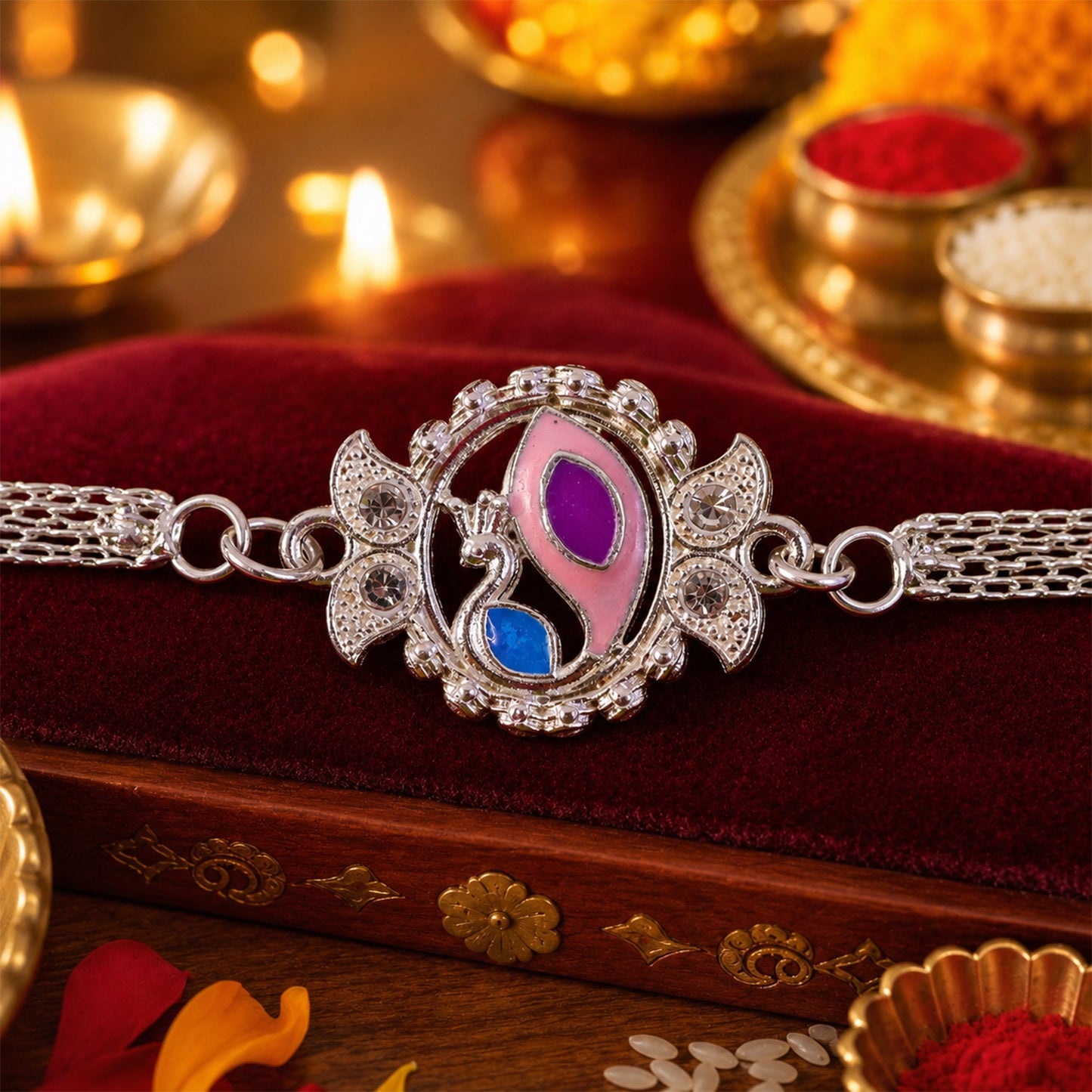 Peacock Motif Stone Studded Chain Rakhi for Brother