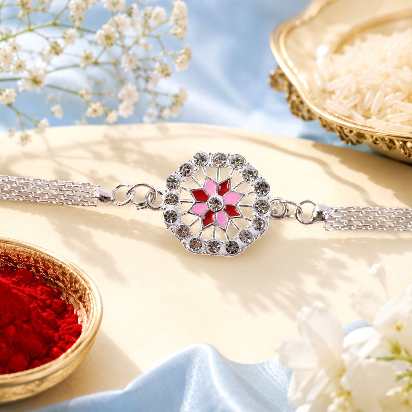 Floral Stone Studded Designer Chain Rakhi for Brother
