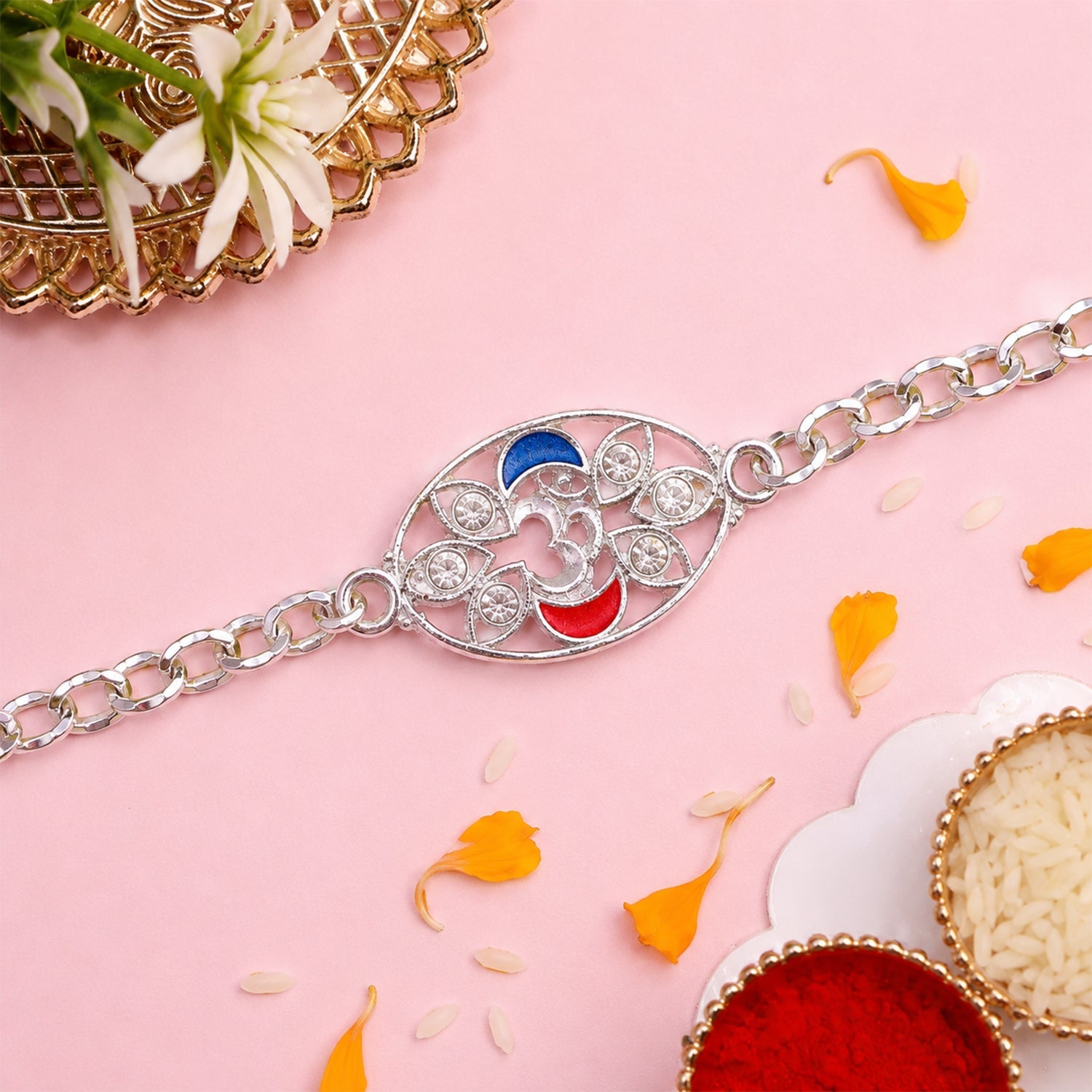 Om Leaf Motif Stone Studded Designer Chain Rakhi for Brother