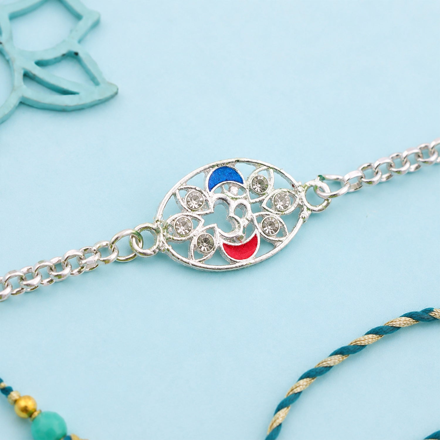 Om Leaf Motif Stone Studded Designer Chain Rakhi for Brother