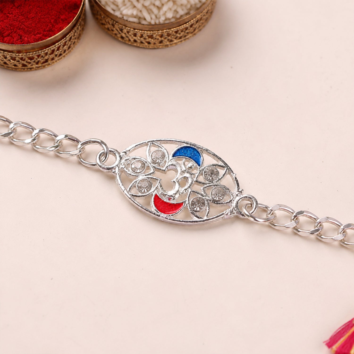 Om Leaf Motif Stone Studded Designer Chain Rakhi for Brother