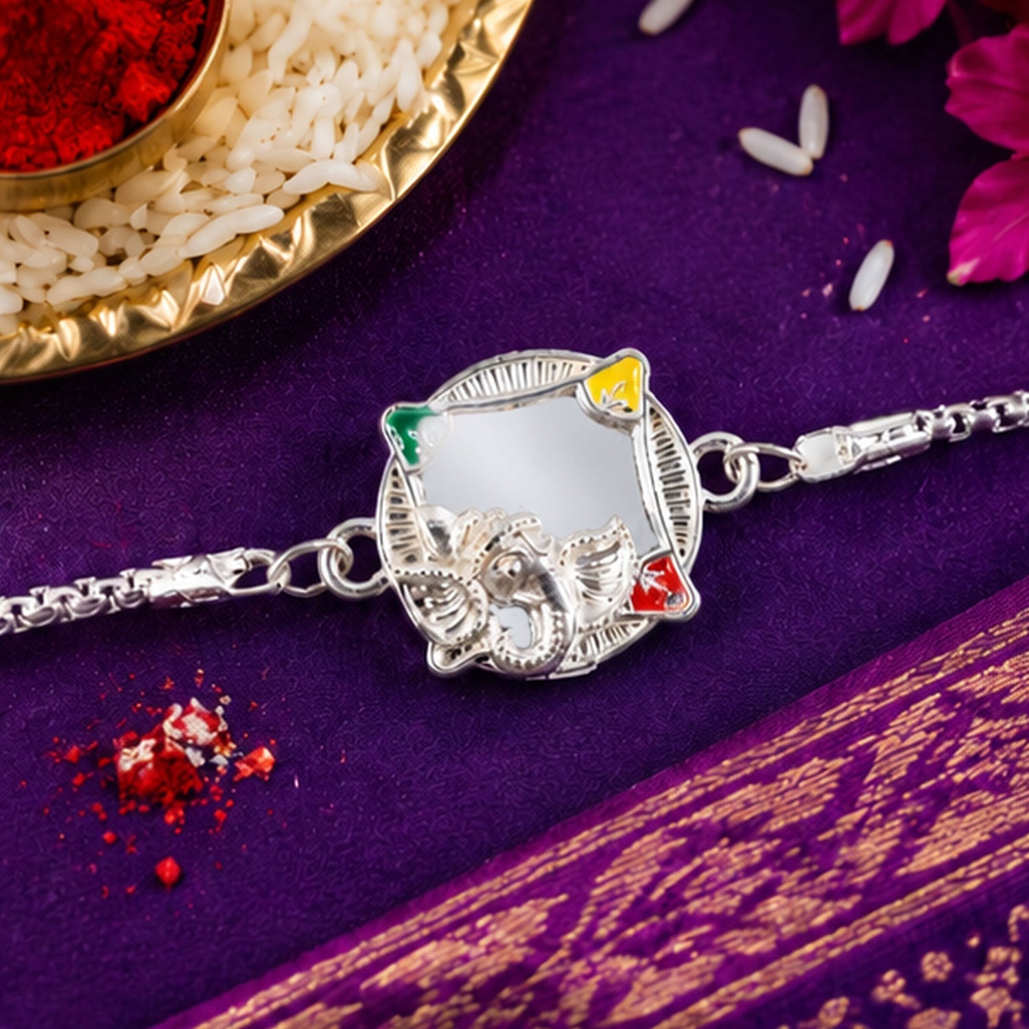 Divine Lord Ganesha Designer Chain Stone-Studded Rakhi for Brother
