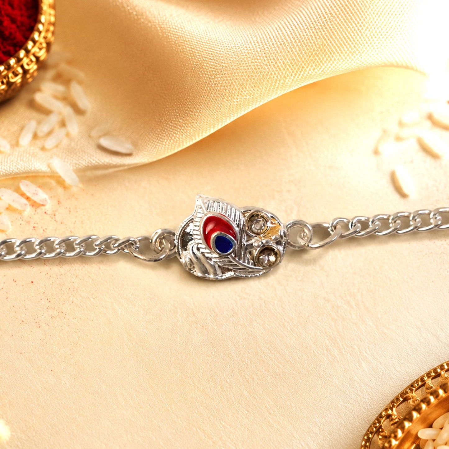 Peacock Feather Meenakari Designer Chain Rakhi for Brother