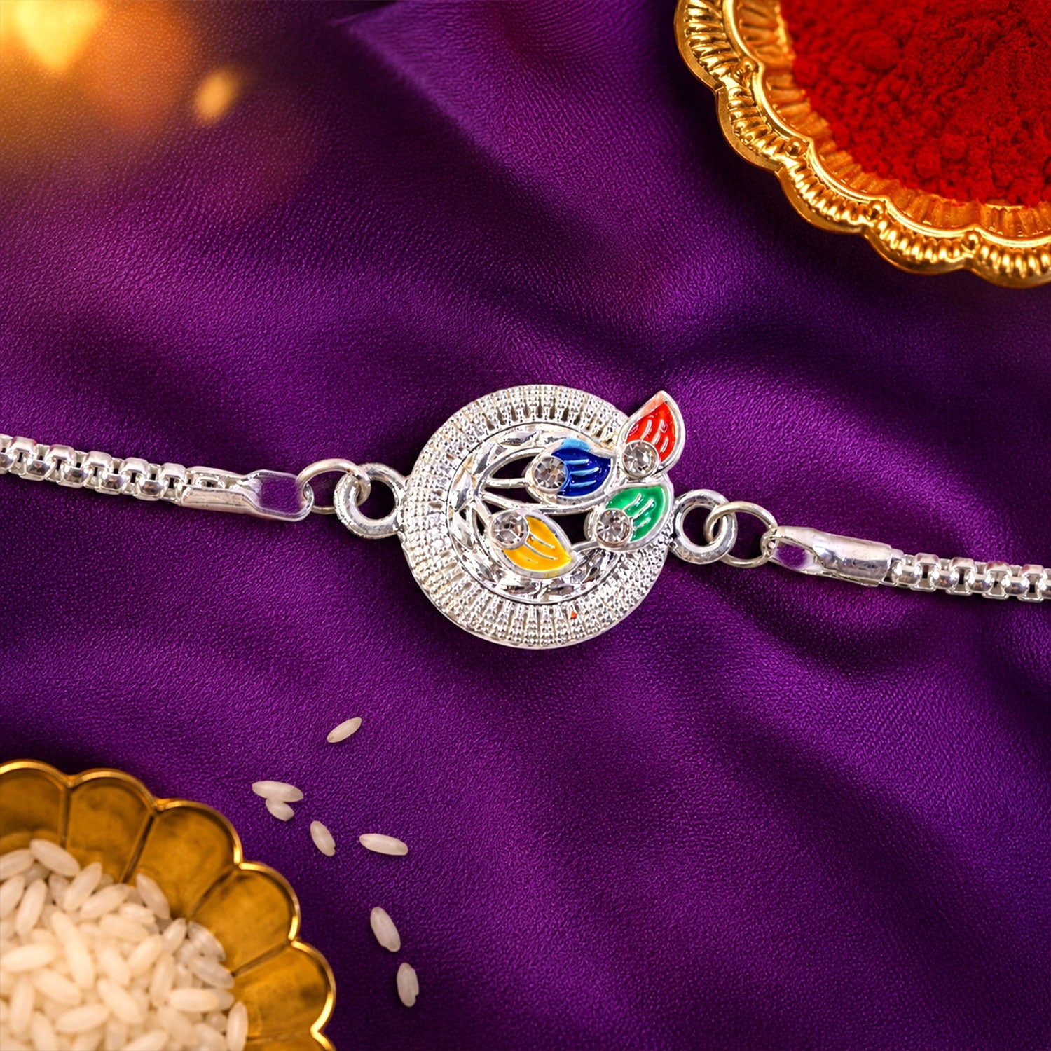 Peacock Motif Meenakari Stone-Studded Chain Rakhi for Brother