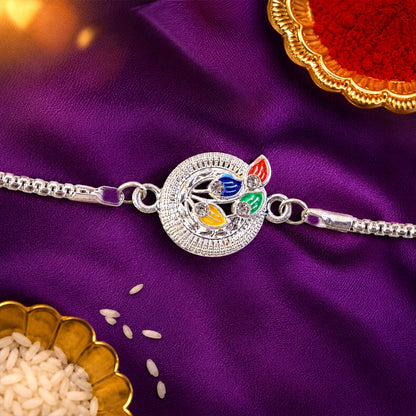 Peacock Motif Meenakari Stone-Studded Chain Rakhi for Brother