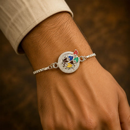 Peacock Motif Meenakari Stone-Studded Chain Rakhi for Brother