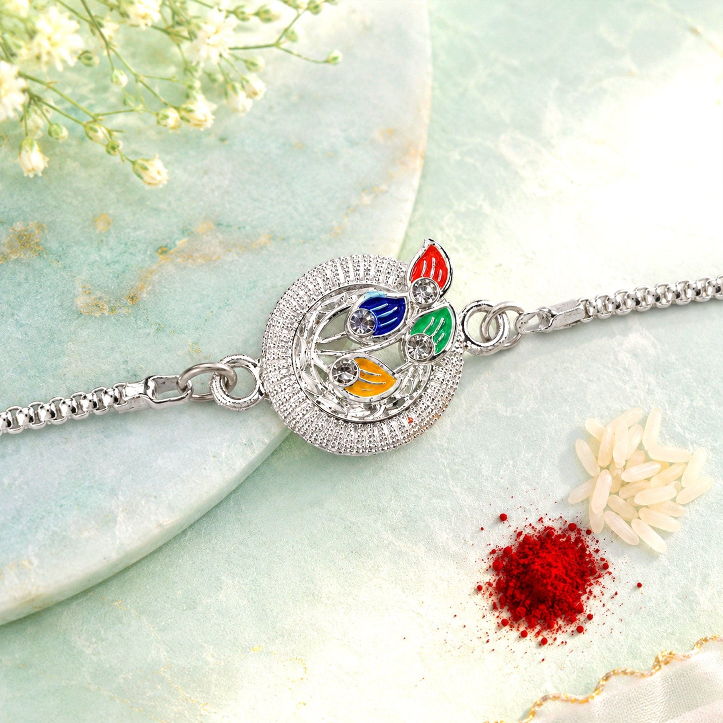 Peacock Motif Meenakari Stone-Studded Chain Rakhi for Brother