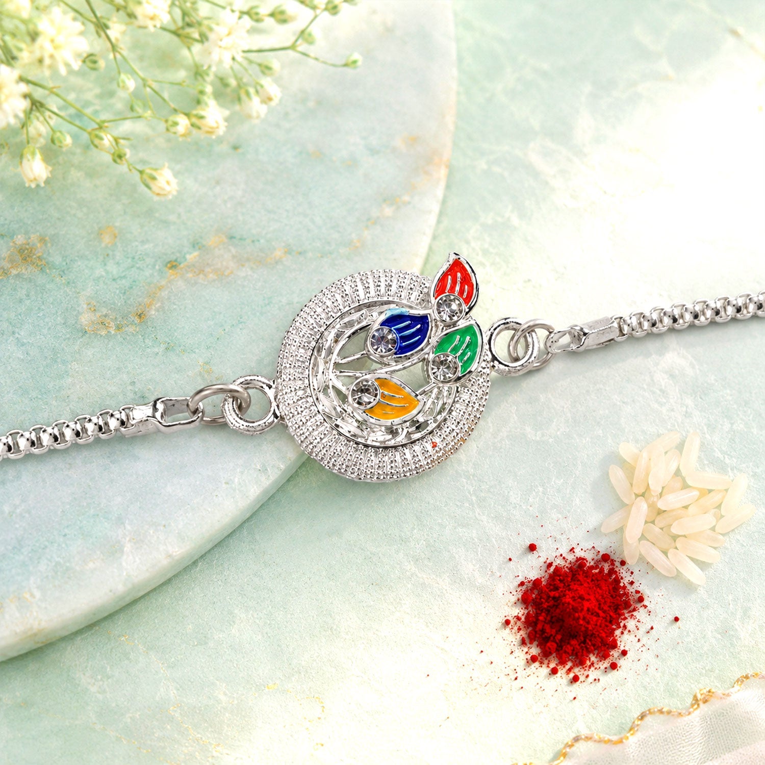 Peacock Motif Meenakari Stone-Studded Chain Rakhi for Brother