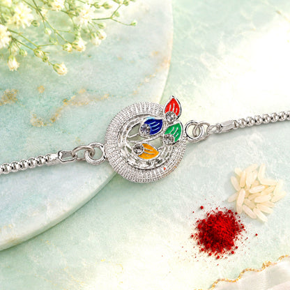 Peacock Motif Meenakari Stone-Studded Chain Rakhi for Brother