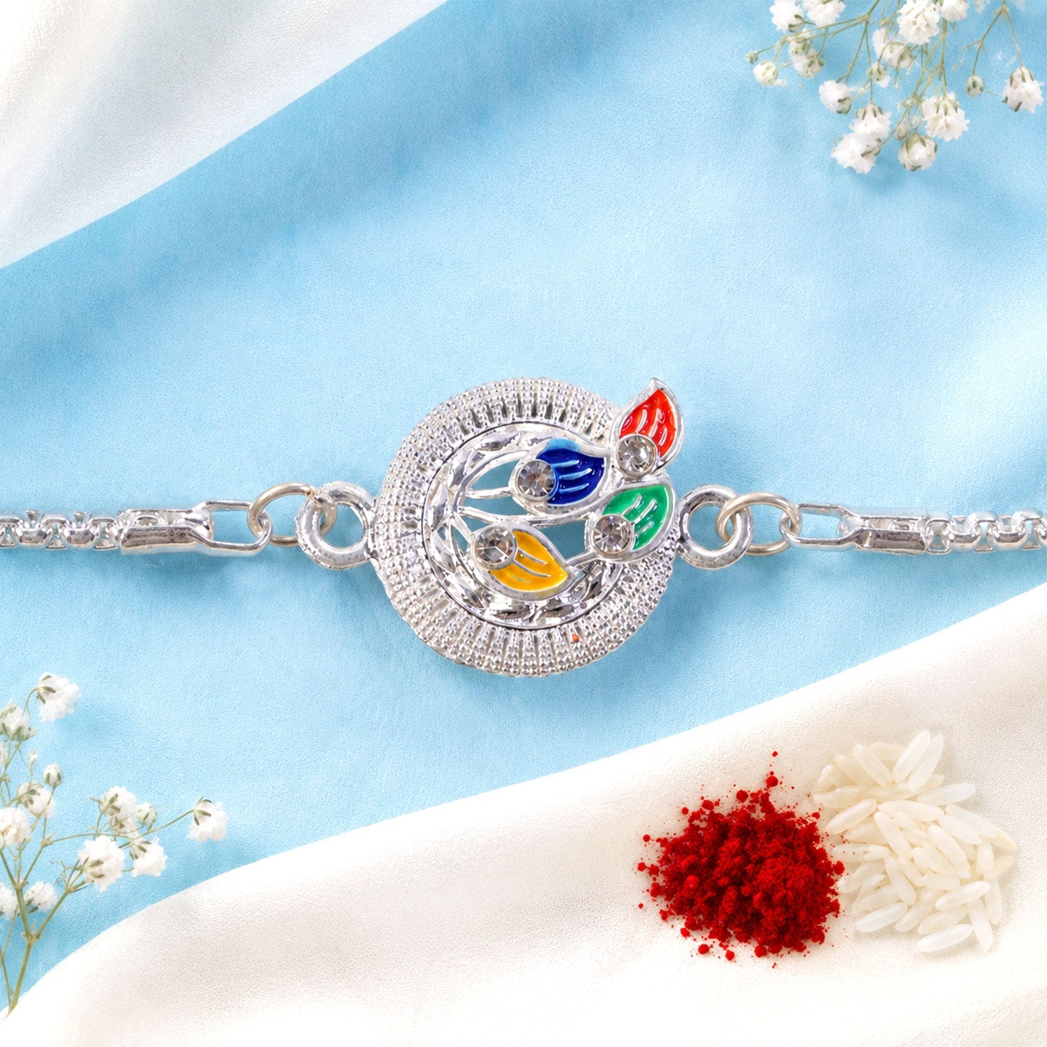 Peacock Motif Meenakari Stone-Studded Chain Rakhi for Brother
