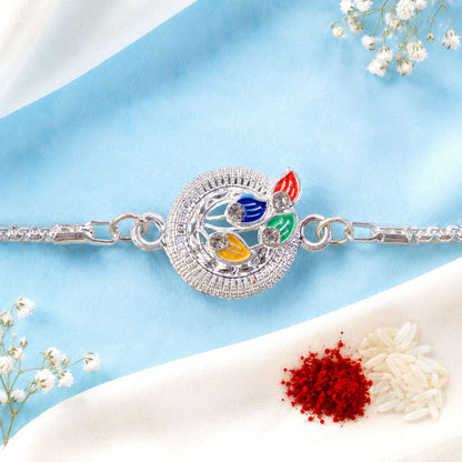 Peacock Motif Meenakari Stone-Studded Chain Rakhi for Brother