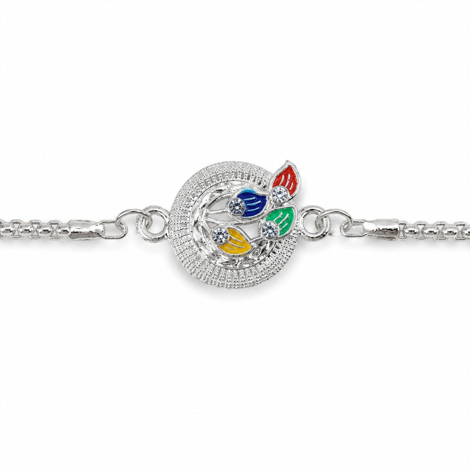 Peacock Motif Meenakari Stone-Studded Chain Rakhi for Brother