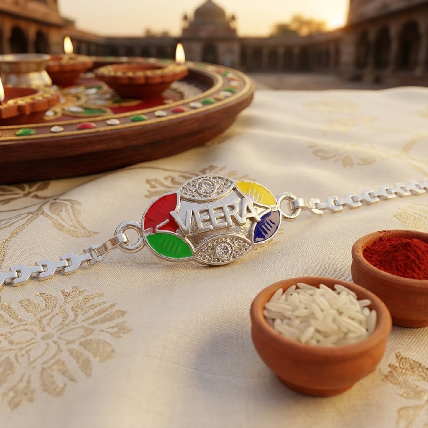 Veera Design Charm Meenakari Stone-Studded Chain Rakhi for Brother