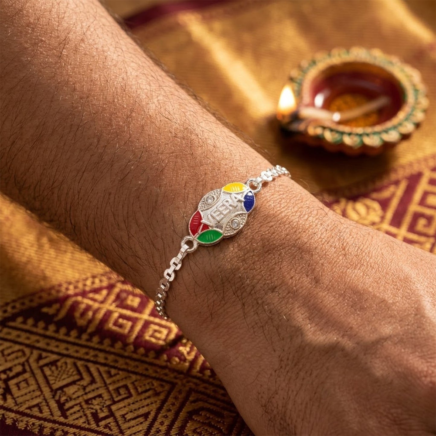 Veera Design Charm Meenakari Stone-Studded Chain Rakhi for Brother