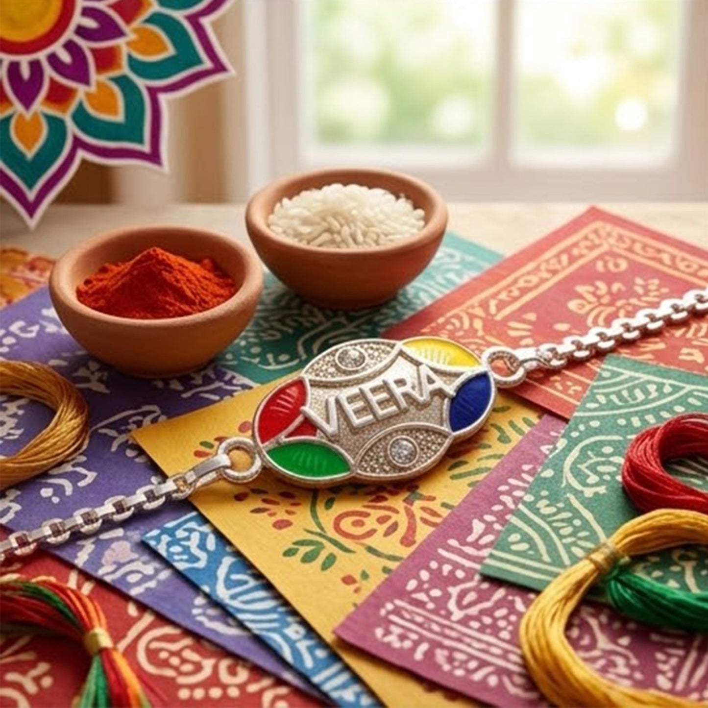 Veera Design Charm Meenakari Stone-Studded Chain Rakhi for Brother