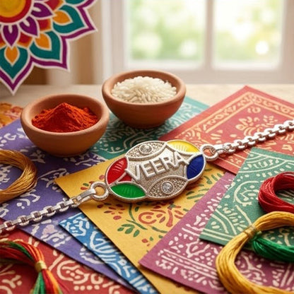 Veera Design Charm Meenakari Stone-Studded Chain Rakhi for Brother