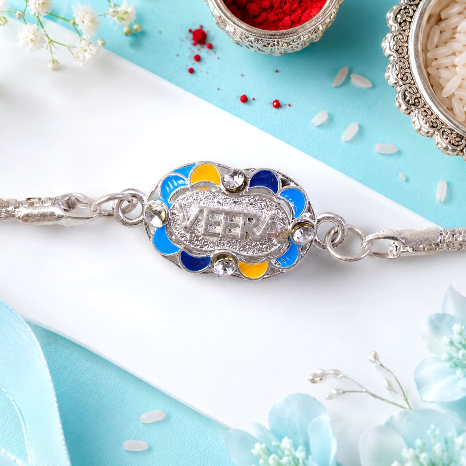 Veera Name Oval Meenakari CZ Studded Chain Rakhi for Brother