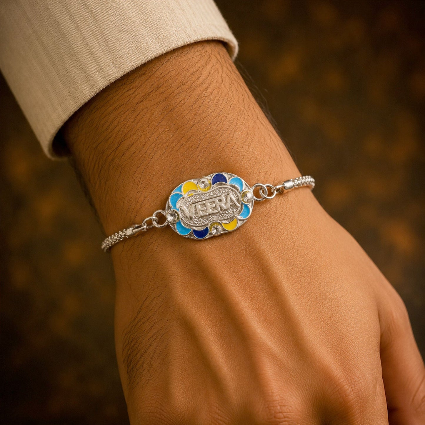 Veera Name Oval Meenakari CZ Studded Chain Rakhi for Brother