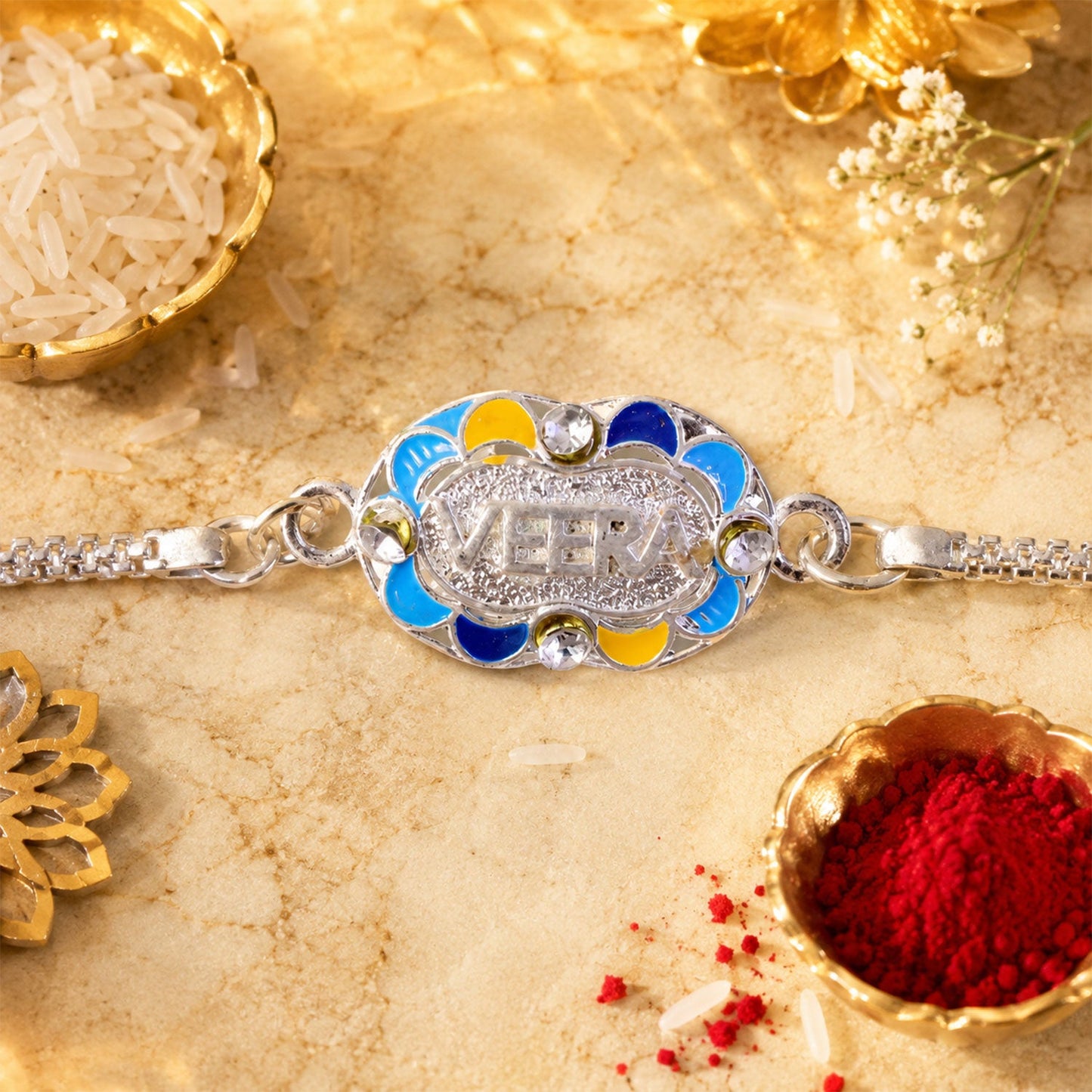 Veera Name Oval Meenakari CZ Studded Chain Rakhi for Brother
