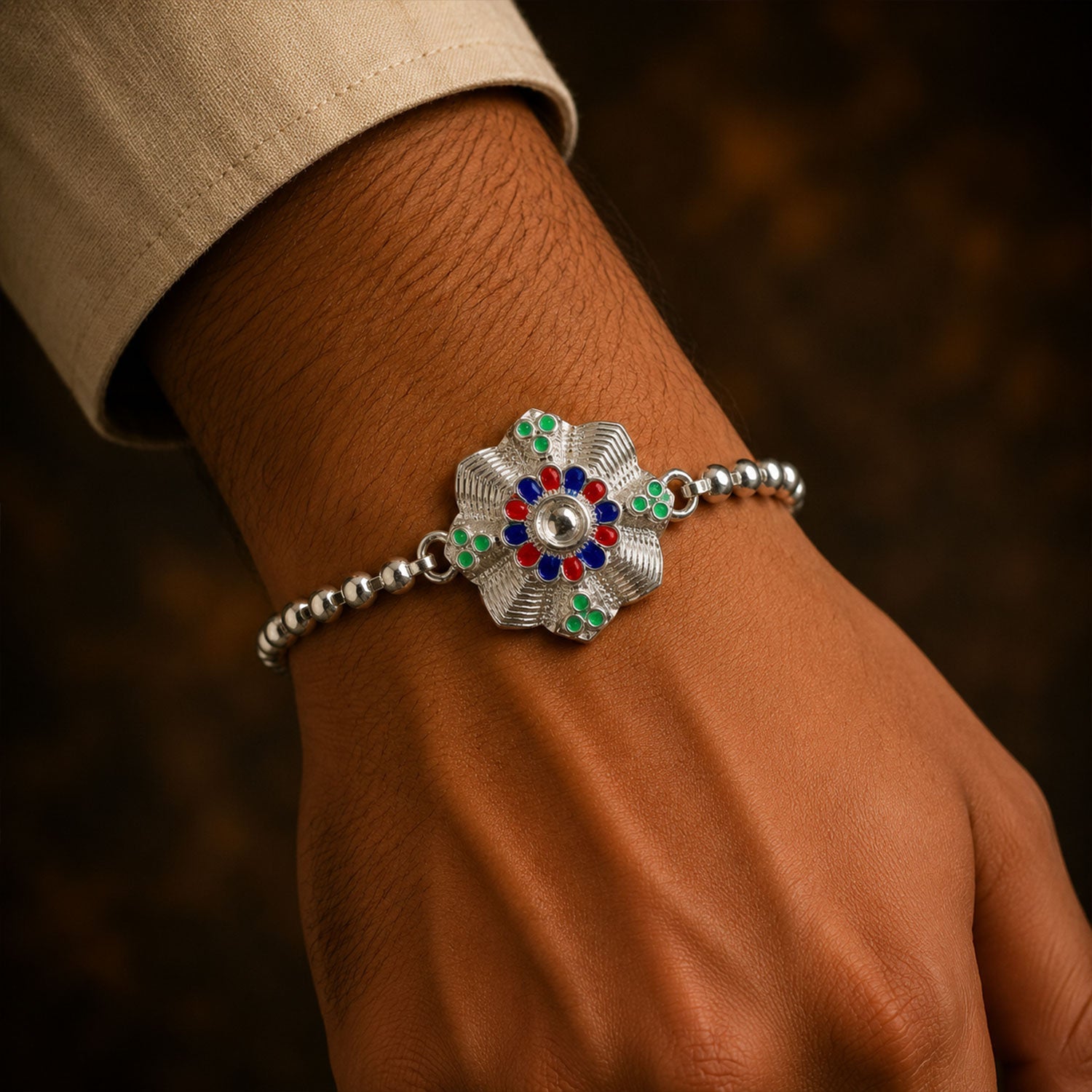 Floral Meenakari Stone Studded Beaded Chain Rakhi for Brother