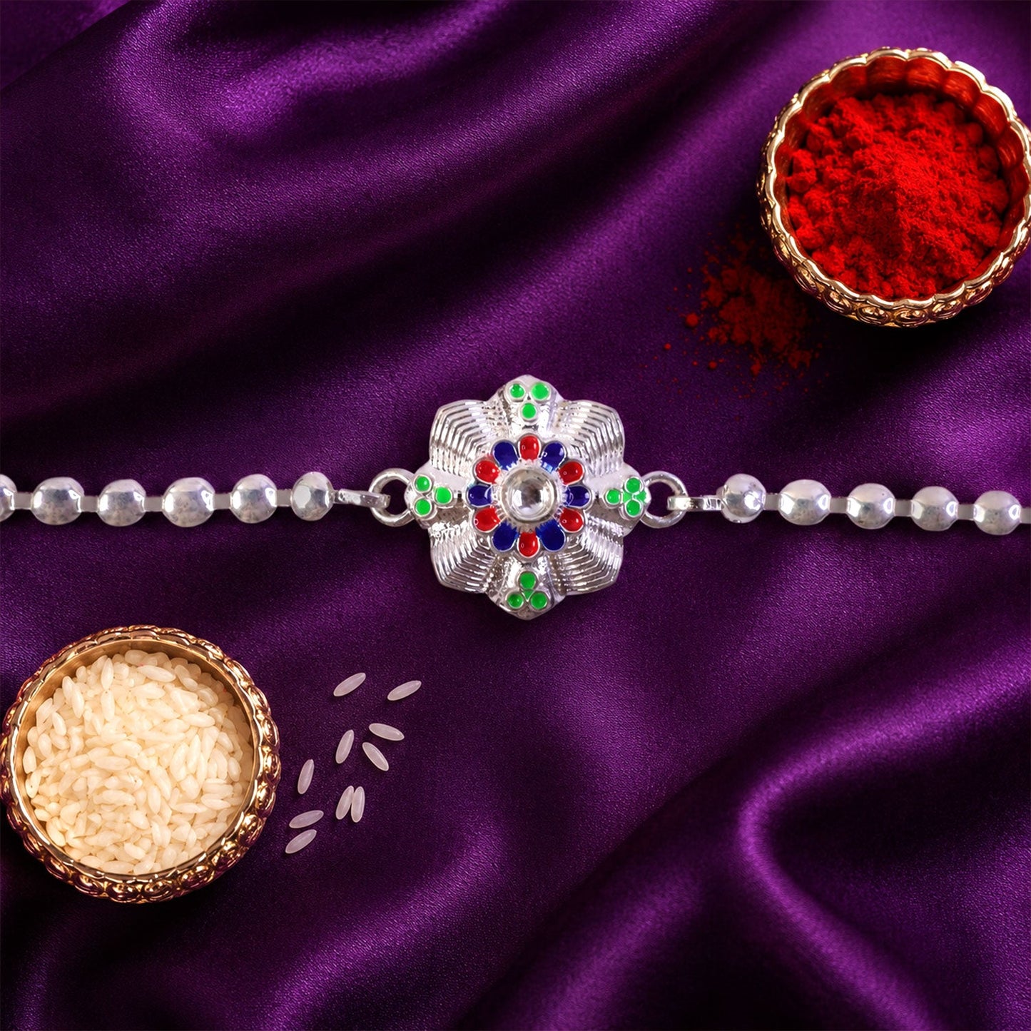 Floral Meenakari Stone Studded Beaded Chain Rakhi for Brother