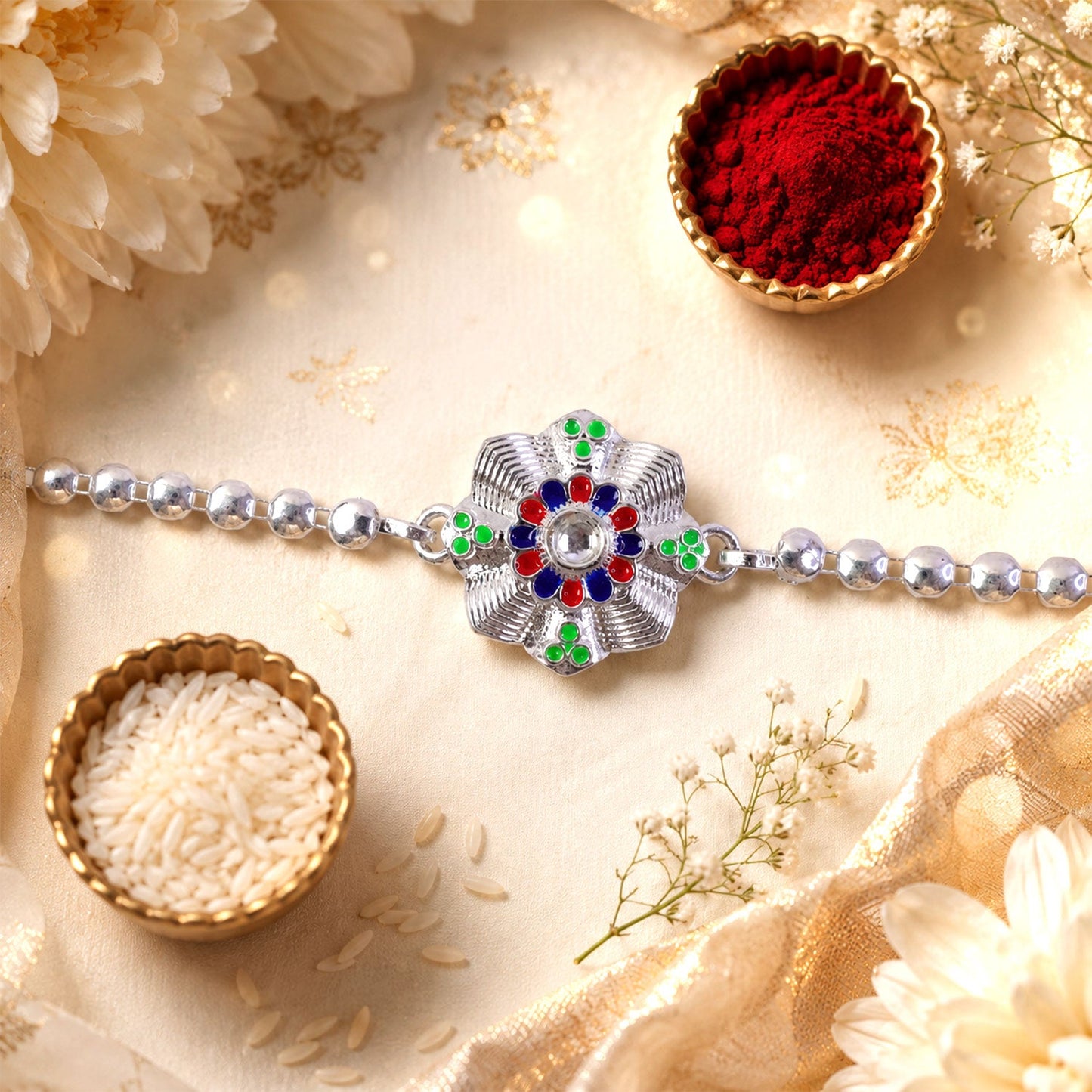 Floral Meenakari Stone Studded Beaded Chain Rakhi for Brother