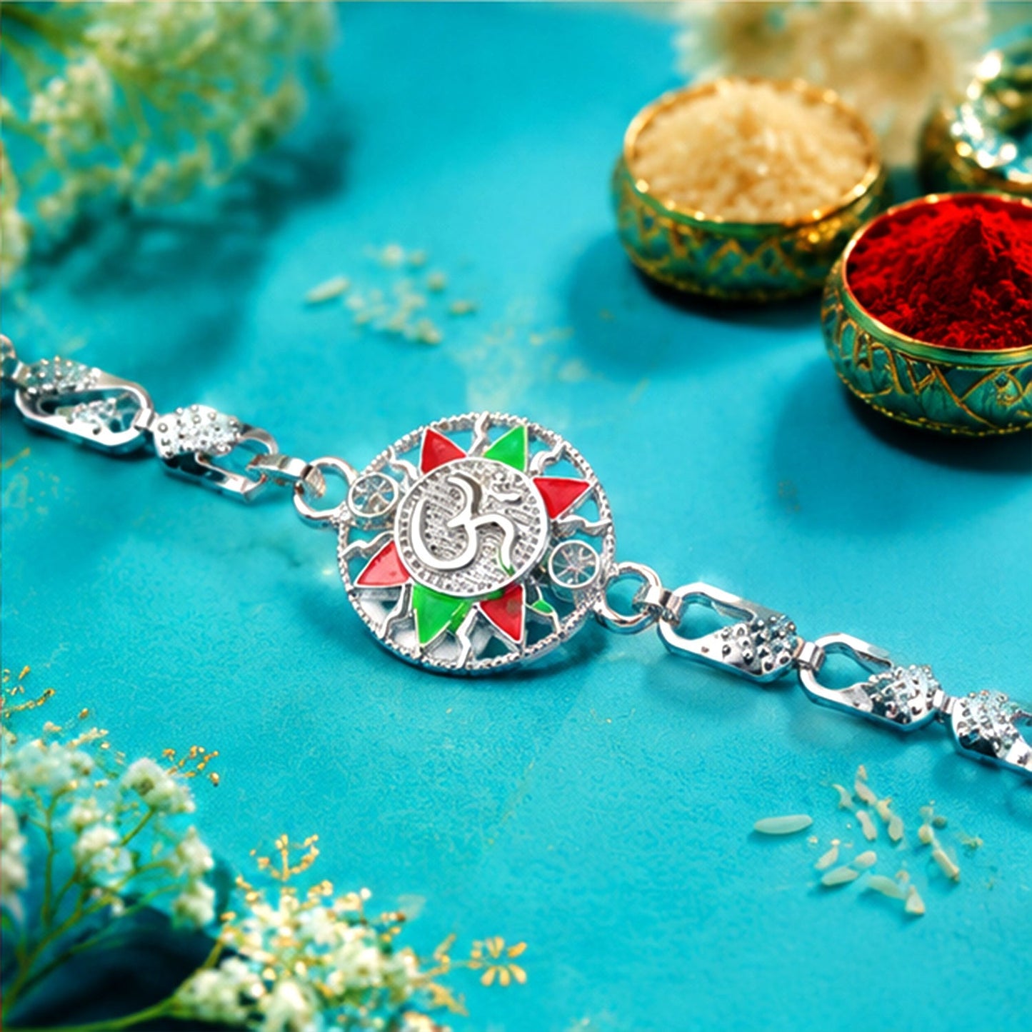 Divine Om Round Meenakari Designer Chain Rakhi for Brother