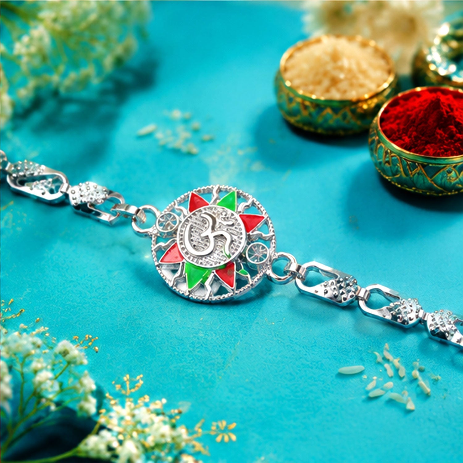 Divine Om Round Meenakari Designer Chain Rakhi for Brother
