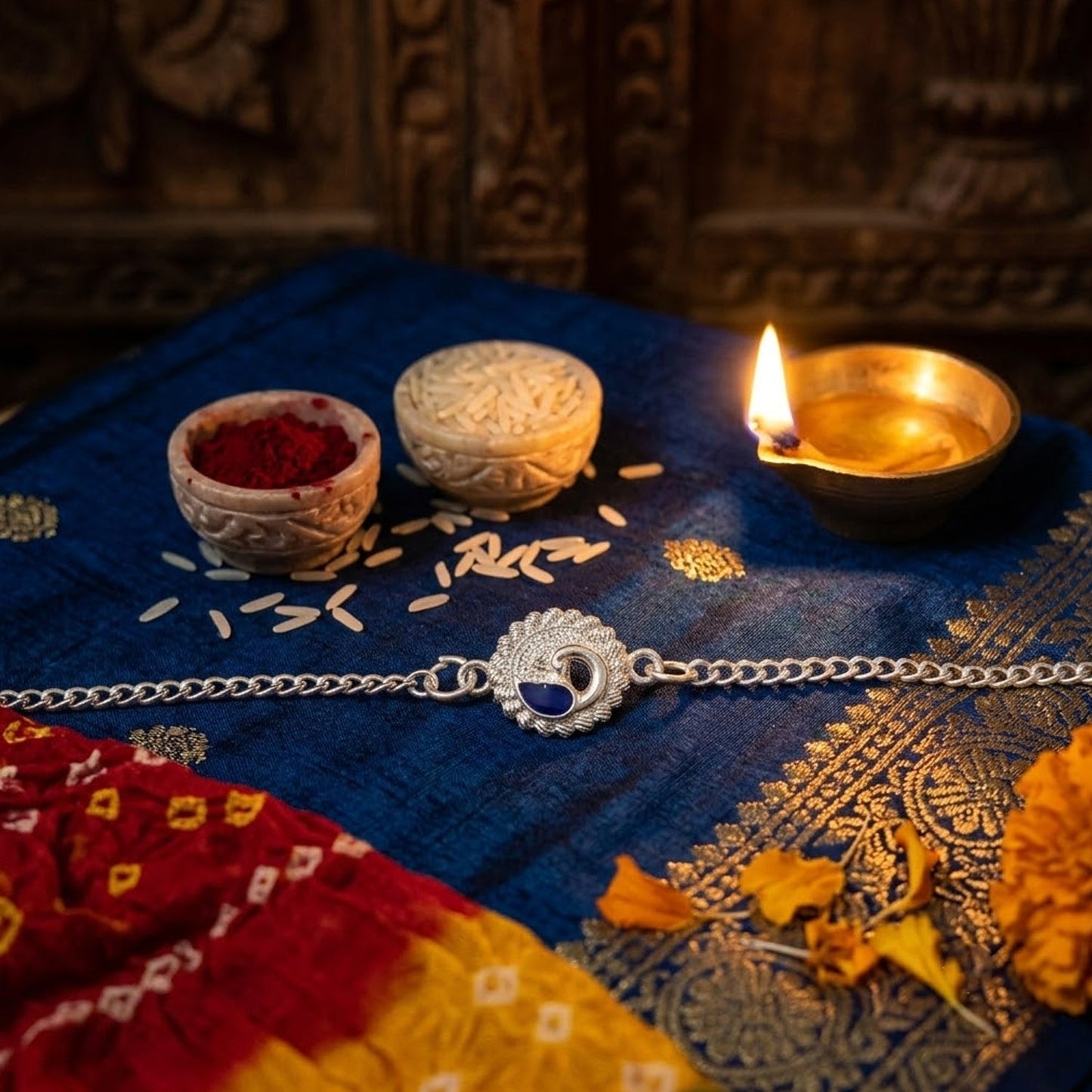 Peacock Round Stone Studded Designer Chain Rakhi for Brother