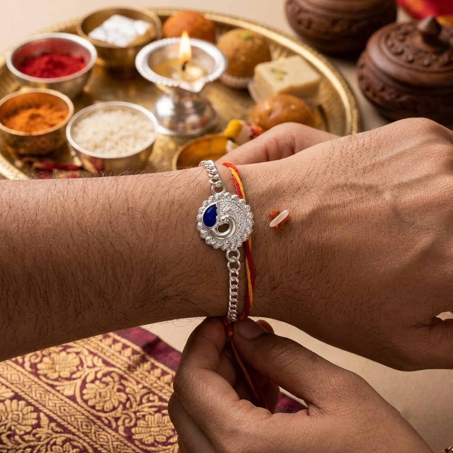 Peacock Round Stone Studded Designer Chain Rakhi for Brother