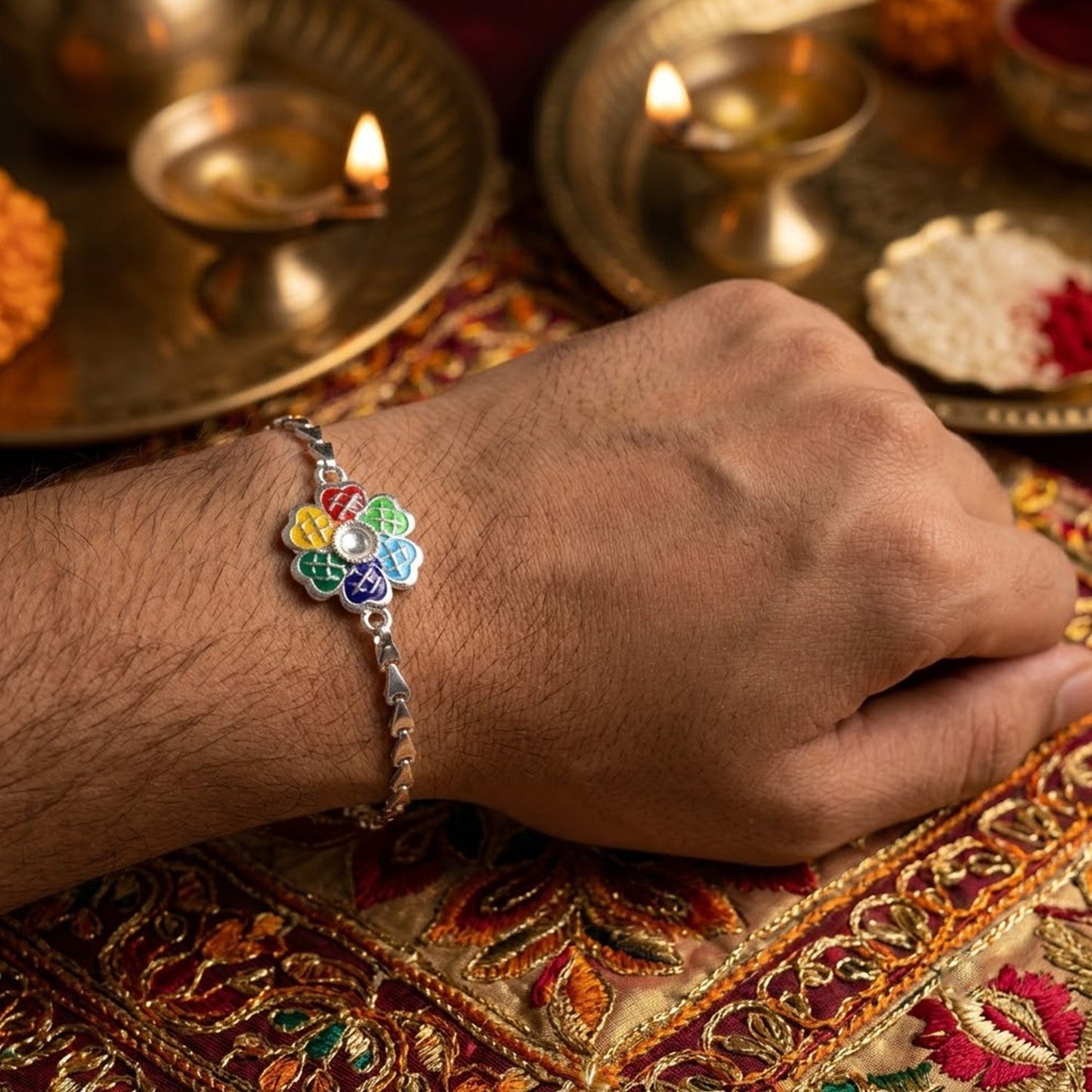 Floral Cluster Meenakari Kundan Stone Chain Rakhi for Brother
