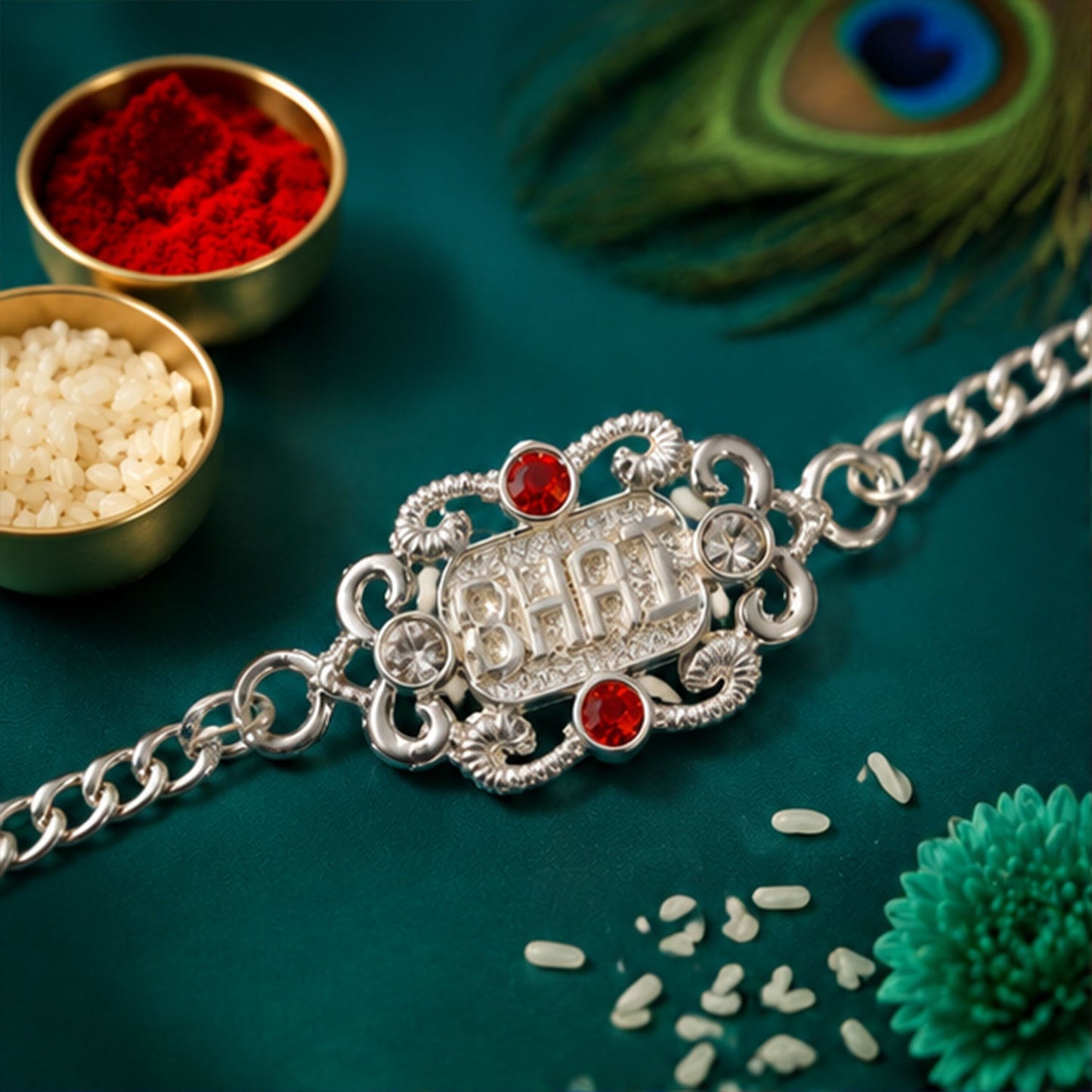 Bhai Text Ornate Stone-Studded Designer Chain Rakhi for Brother