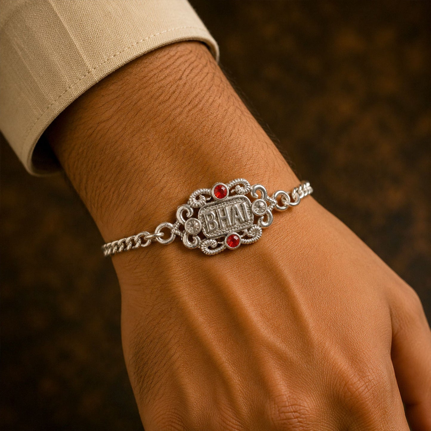 Bhai Text Ornate Stone-Studded Designer Chain Rakhi for Brother