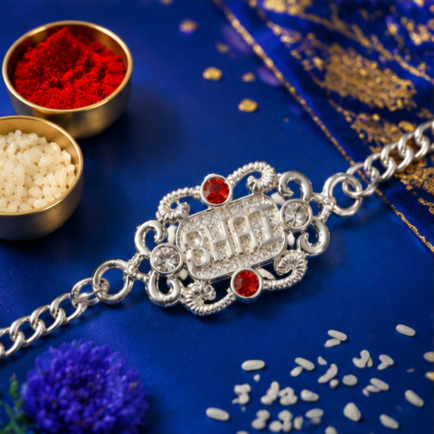 Bhai Text Ornate Stone-Studded Designer Chain Rakhi for Brother