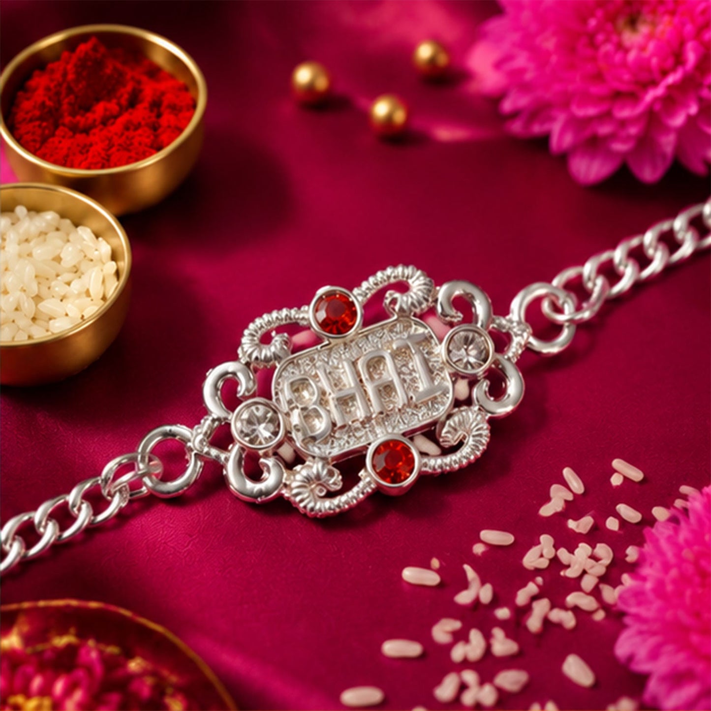 Bhai Text Ornate Stone-Studded Designer Chain Rakhi for Brother