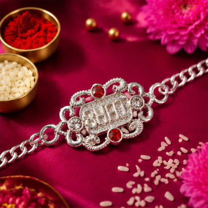 Bhai Text Ornate Stone-Studded Designer Chain Rakhi for Brother