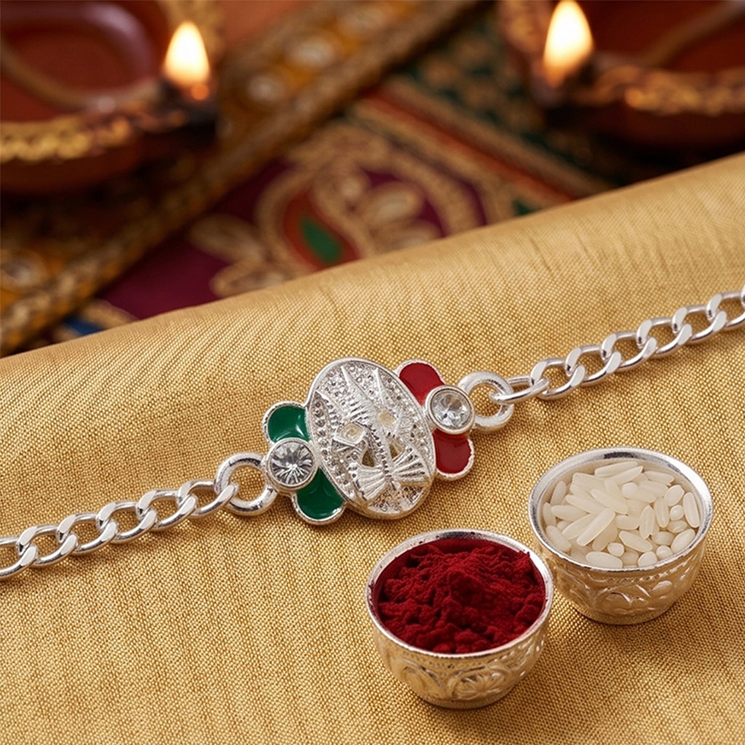 Trishul Motif Meenakari Stone Studded Designer Chain Rakhi for Brother