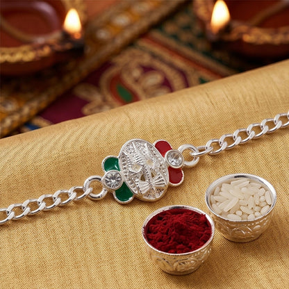 Trishul Motif Meenakari Stone Studded Designer Chain Rakhi for Brother