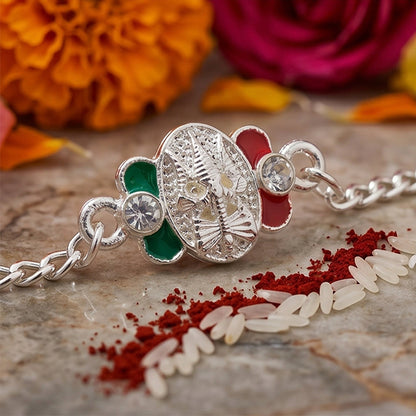 Trishul Motif Meenakari Stone Studded Designer Chain Rakhi for Brother