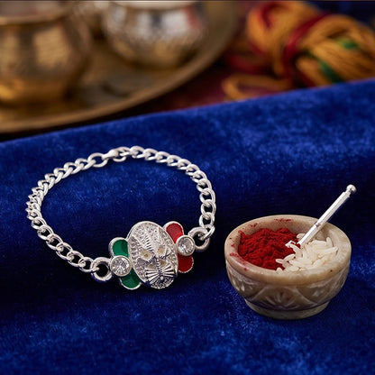 Trishul Motif Meenakari Stone Studded Designer Chain Rakhi for Brother