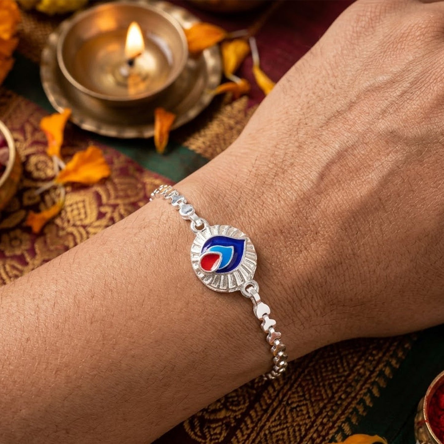 Peacock Feather Meenakari Enamel Designer Chain Rakhi for Brother