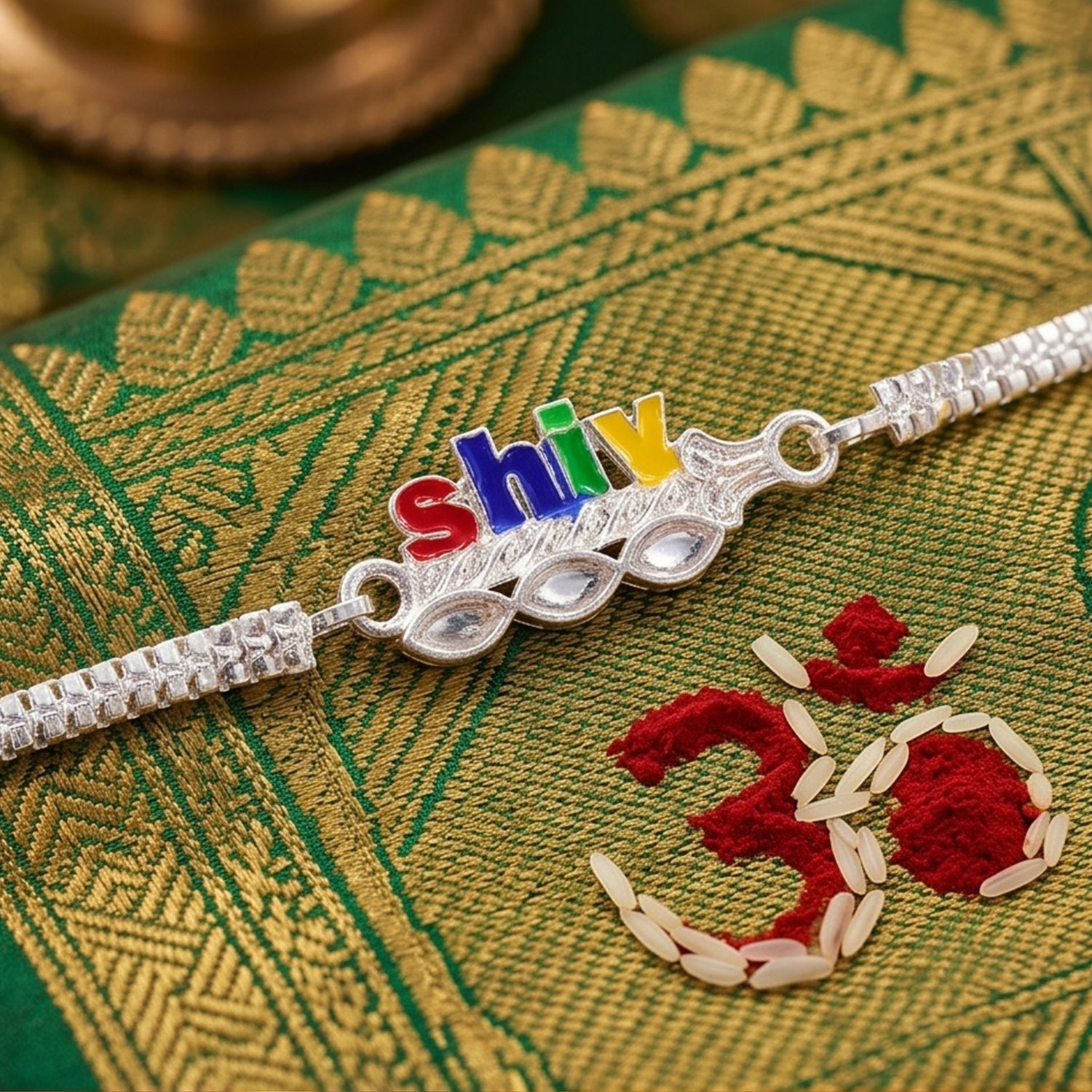 Shiv text Meenakari Kundan Stone Chain Rakhi for Brother