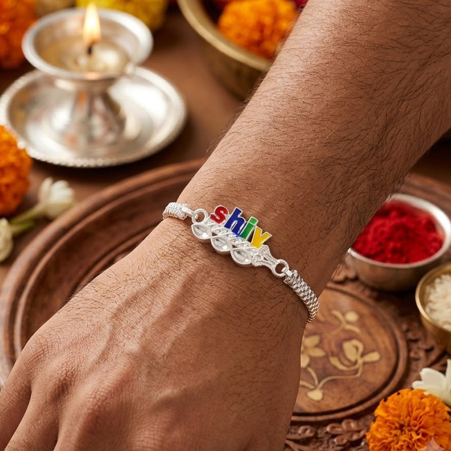 Shiv text Meenakari Kundan Stone Chain Rakhi for Brother