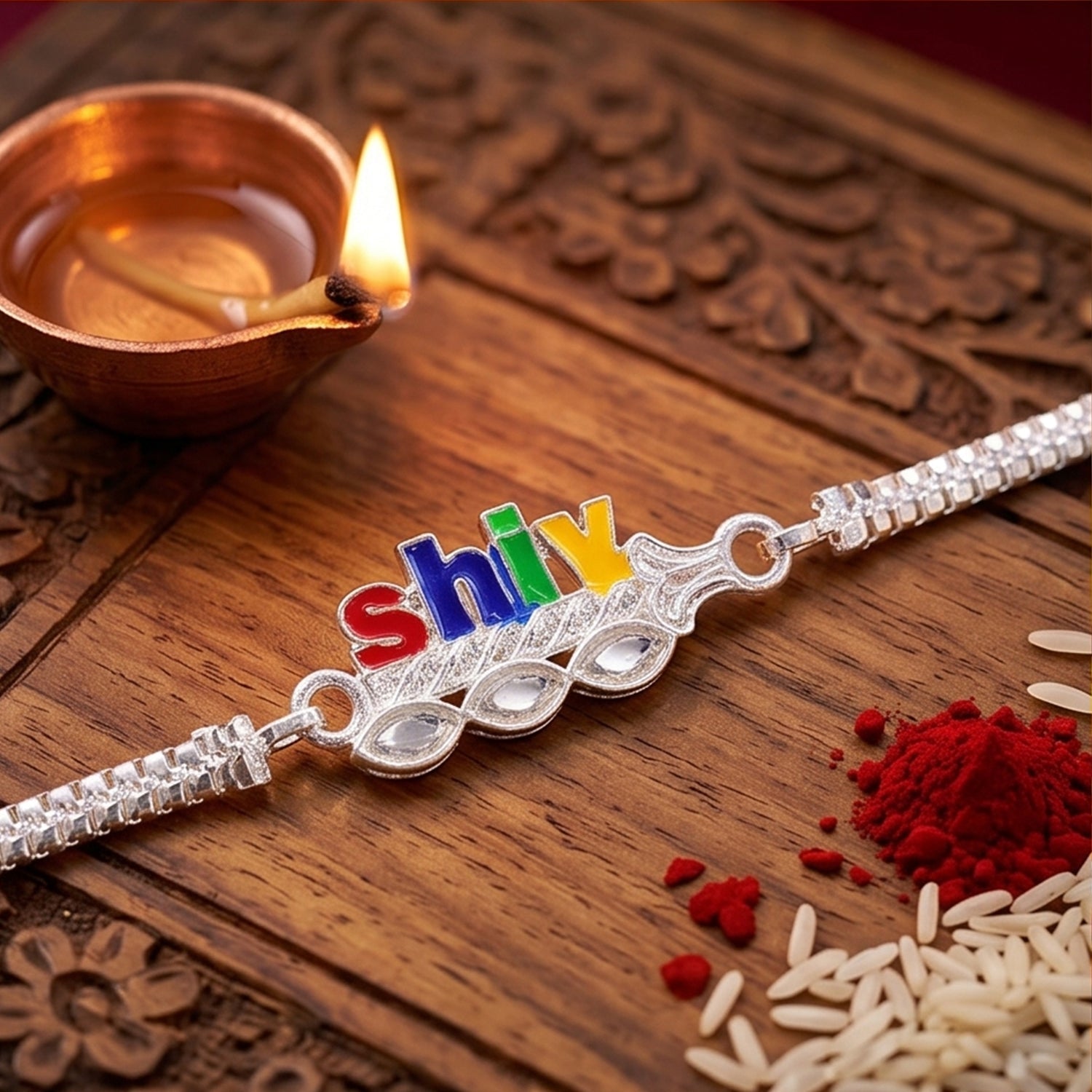 Shiv text Meenakari Kundan Stone Chain Rakhi for Brother