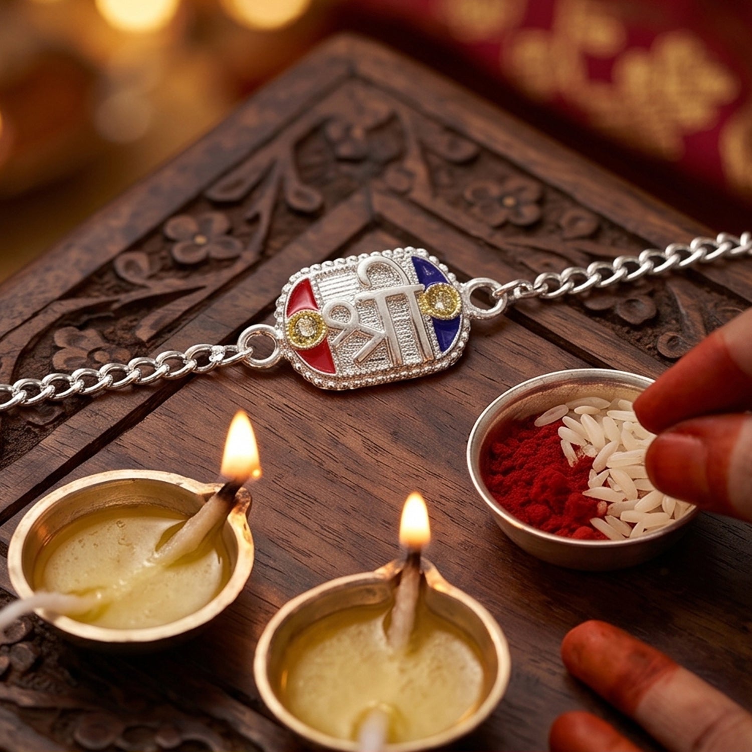 Shree charm Designer Stone Studded Traditional Chain Rakhi for Brother