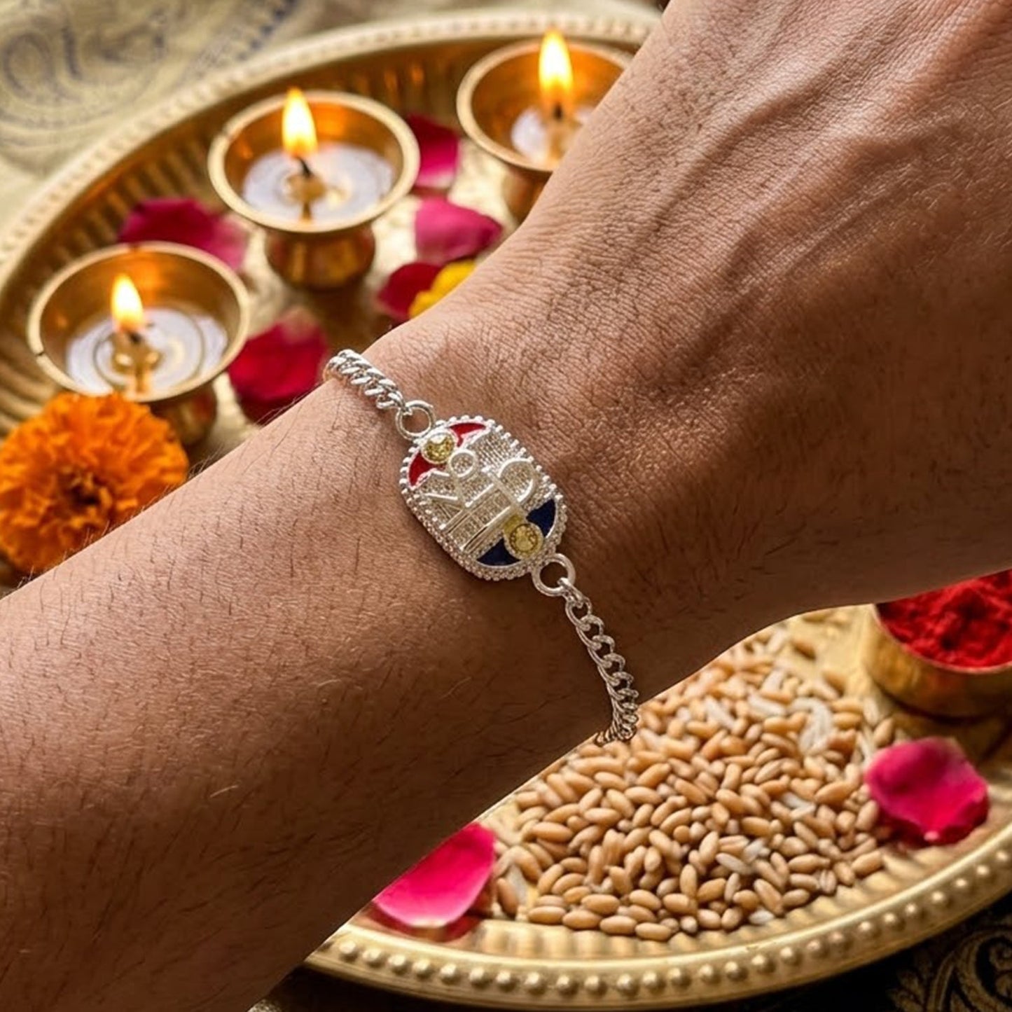 Shree charm Designer Stone Studded Traditional Chain Rakhi for Brother