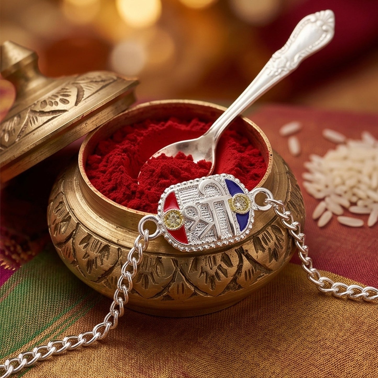Shree charm Designer Stone Studded Traditional Chain Rakhi for Brother