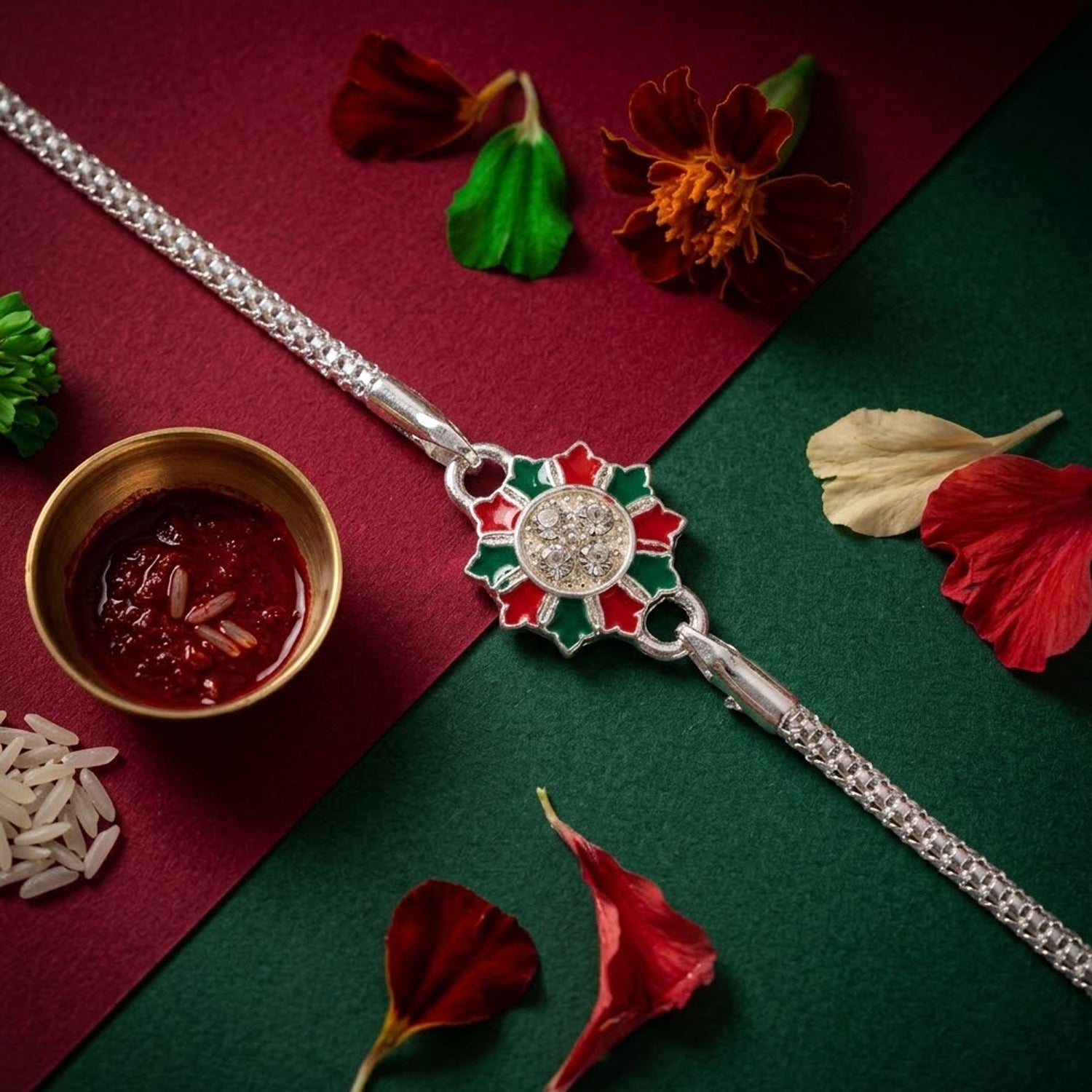 Floral Design Meenakari Stone-Studded Designer Chain Rakhi for Brother